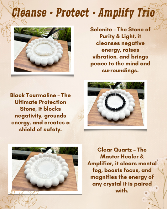Cleanse • Protect • Amplify Trio – Selenite, Black Tourmaline & Clear Quartz Bracelet Set