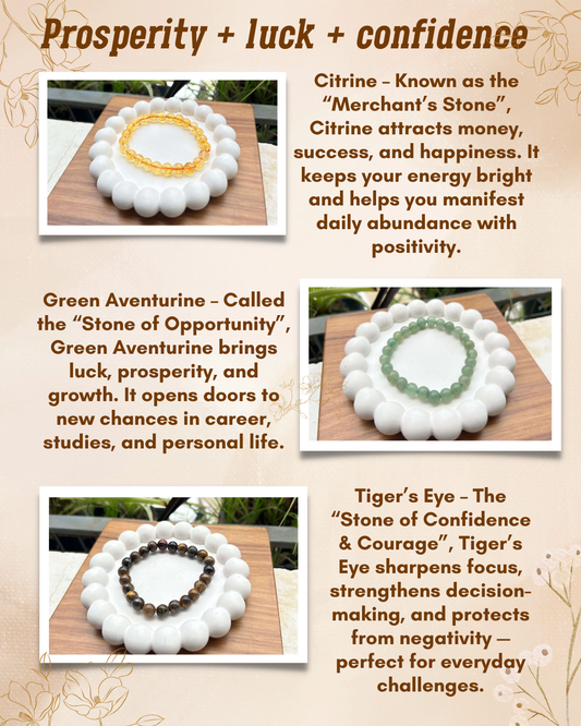 Prosperity + Luck + Confidence Trio – Citrine, Green Aventurine & Tiger’s Eye Bracelets