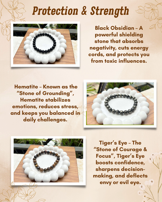 Protection & Strength – Black Obsidian, Hematite & Tiger’s Eye Bracelet Set