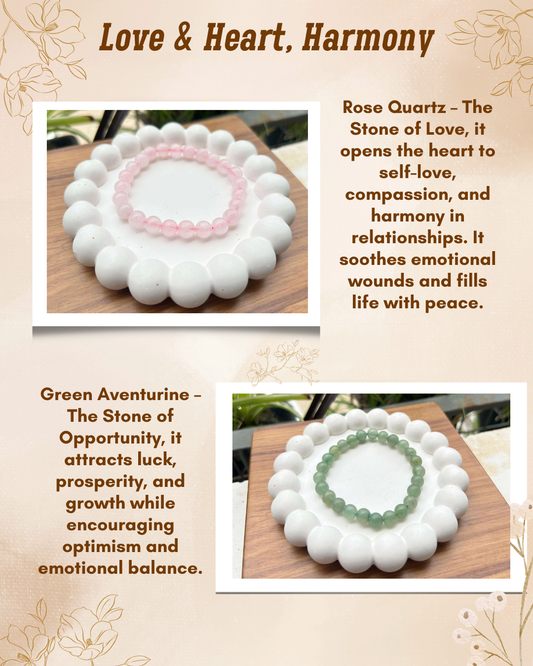 Love & Heart, Harmony – Rose Quartz & Green Aventurine Bracelet Set