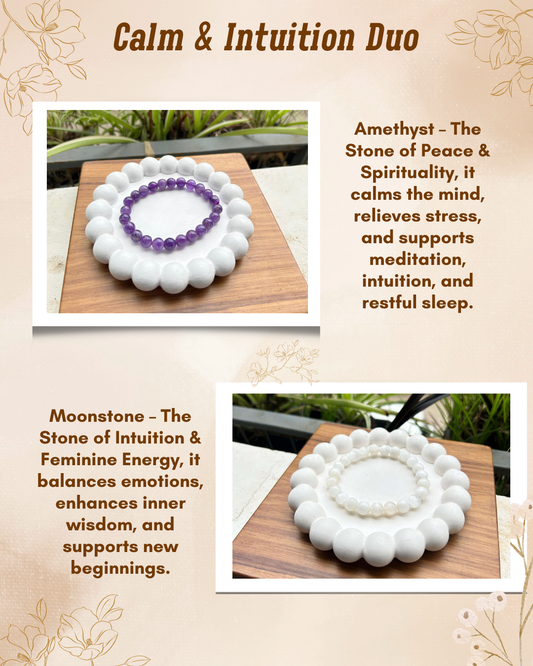 Calm & Intuition Duo – Amethyst & Moonstone Bracelet Set