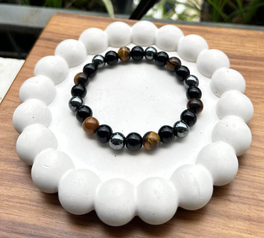 Triple Protection Bracelet (Tiger Eye, Black Obsidian & Hematite) - MANTRA KARMA