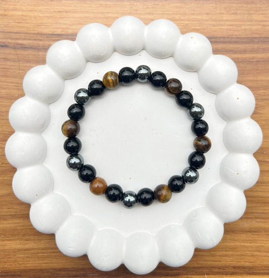 Triple Protection Bracelet (Tiger Eye, Black Obsidian & Hematite) - MANTRA KARMA